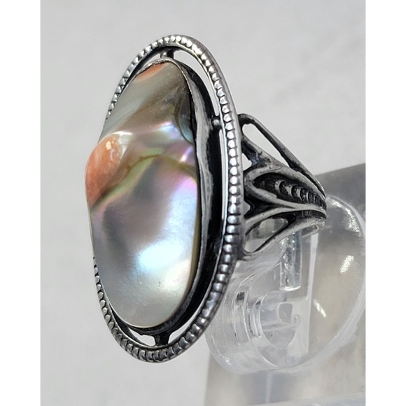 Antique Art Nouveau Sterling Silver Irridescent Abalone Blister Pearl Ring -Sz 3 - Picture 2 of 13